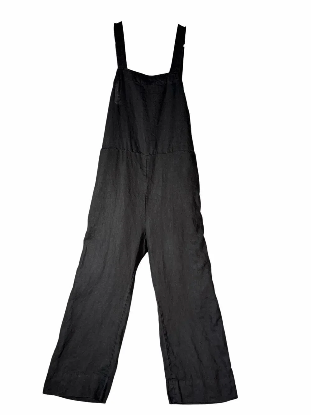 Quince Large Black 100% European Linen Square Neck Wide Leg Jumpsuit Pockets